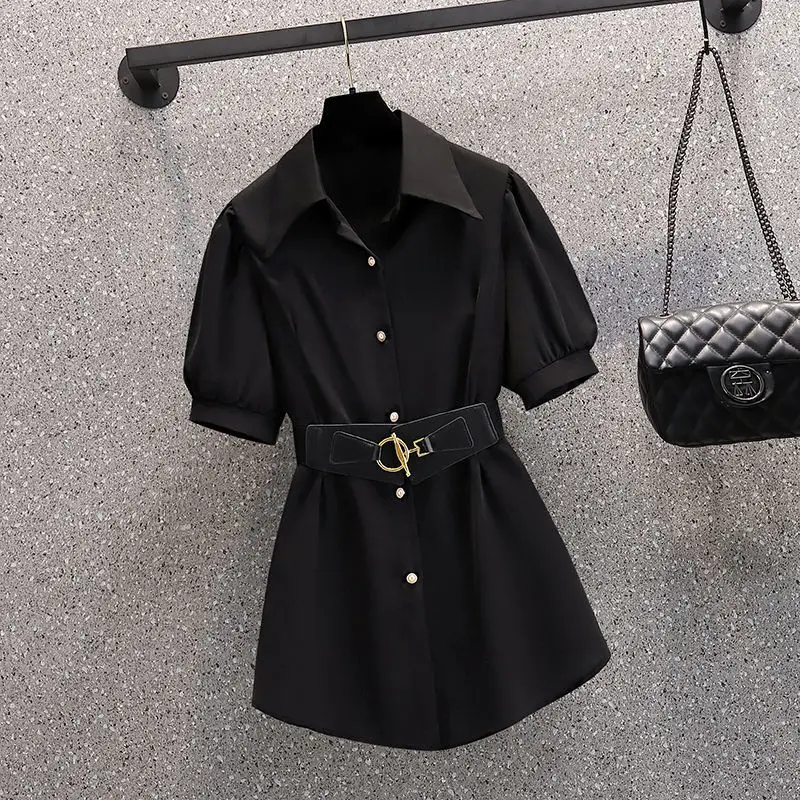 2022 Large Summer Korean Style Fashion Lapel Medium Length Shirt Casual Micro Flare Pants Two Piece Sets Womens Outifits