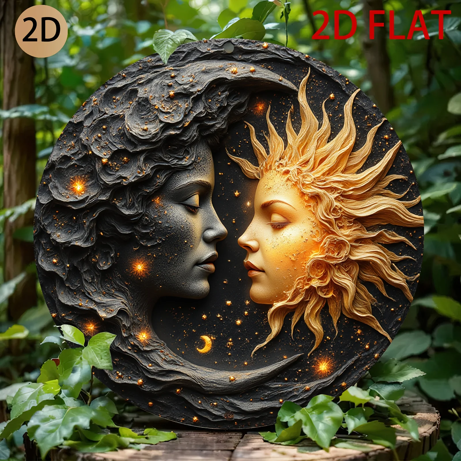 HD-Blechschild, Sonne und Mond im 3D-Effekt, runde Metall-Wandkunst, mystische Boho-Dekoration für Zuhause