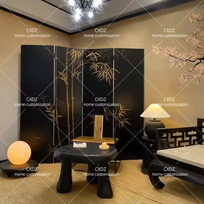 Hand Painted Black Background Golden Bamboo Lacquer Folding Screen Room Divider for Living Room Bedroom Sofa Backdrop