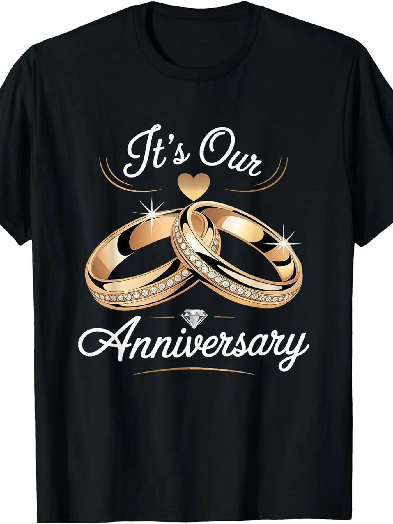 It's Our Anniversary Men's Plus Size T-Shirt - Stylish Black Tee with White and Gold Script, Interlocked Wedding Rings, Festive Design for Celebrating Love and Commitment