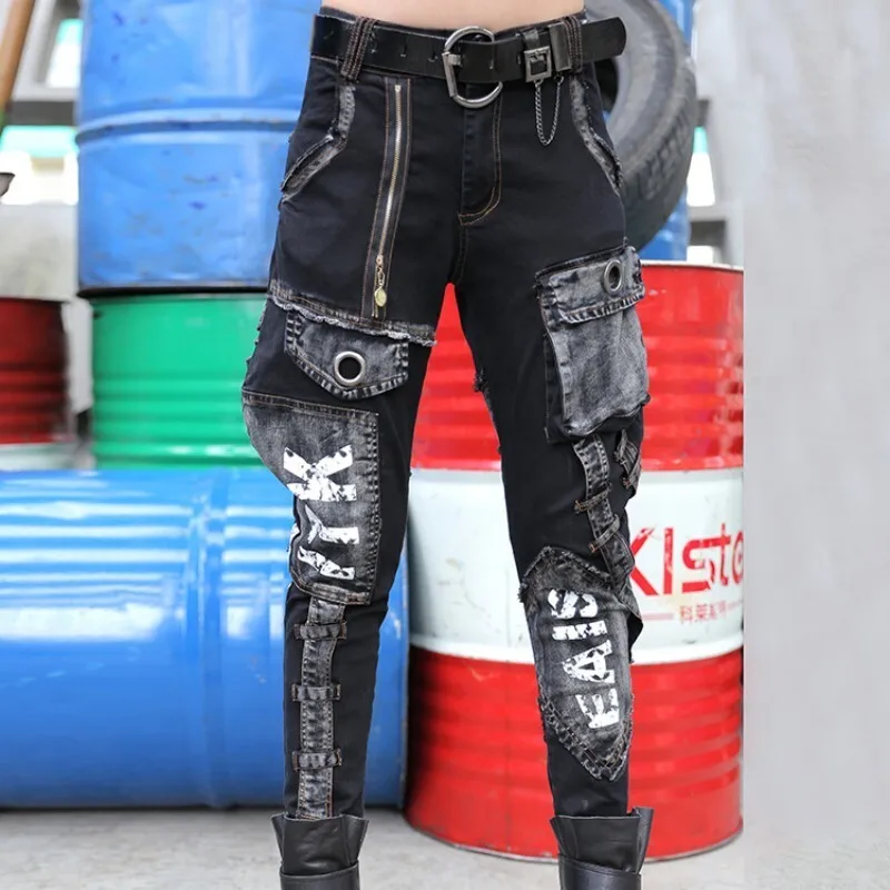 Spring Autumn Casual Denim Jeans Trendy Women Cool Pants Personalized Fashionable Cool Black Trousers LX1725