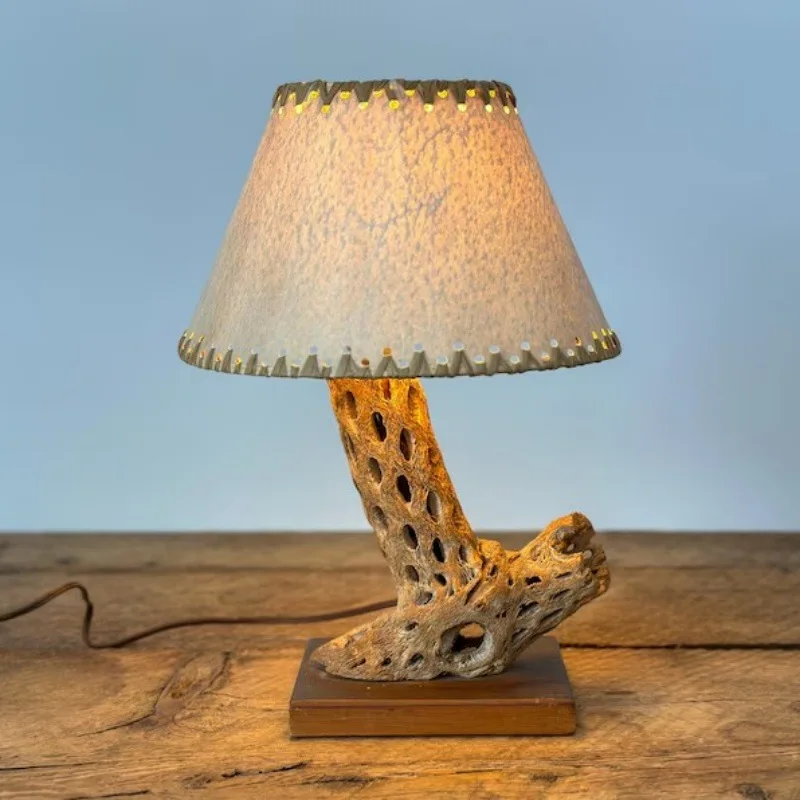 Hollow dead wood branches soft yarn table lamp retro Mori style living room side lighting texture nail edge lampshade decorative