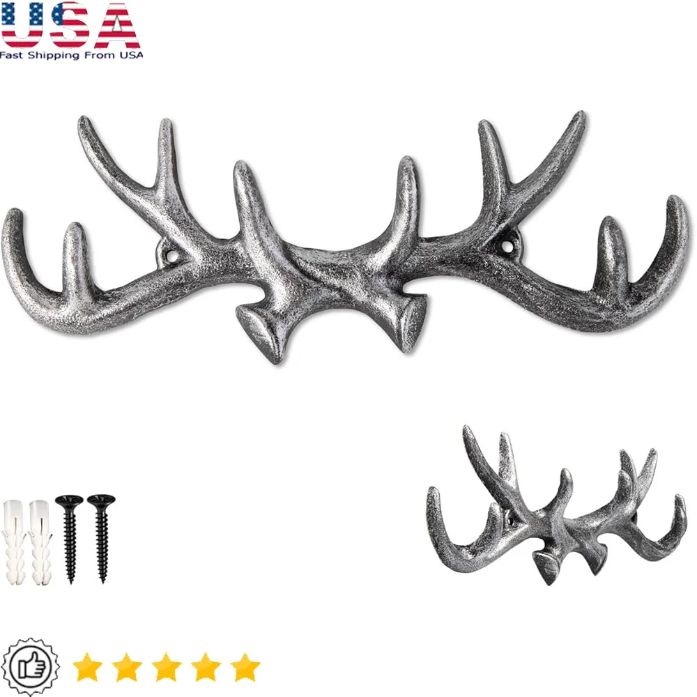 

Vintage Cast Iron Deer Antlers Wall Mounted Hooks Antique Metal Coat Rack Coats Hats Towels Keys and More