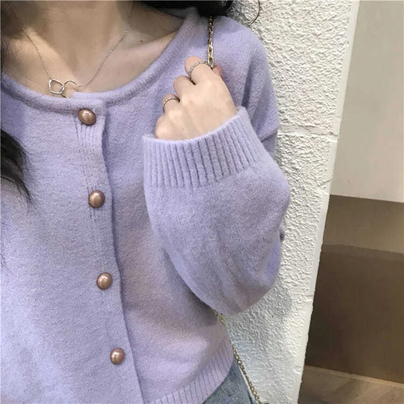 Rimocy Chic Single Breasted Cropped Cardigan Women Autumn Winter Round Neck Sweater Woman Purple Long Sleeve Knitted Cardigans