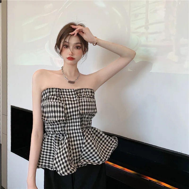 Sweet Retro T-Shirt Women's Summer New Design Checkered Waist-Cinching Halter Neck Wrap Chest Top Street Style Short Sleeve