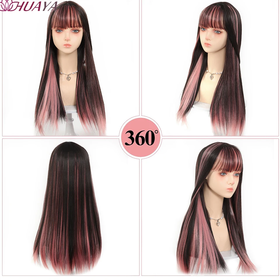 Lolita Wig Female Long Hair Black Highlights Pink With Bangs Straight Hair Party Everyday Wear.