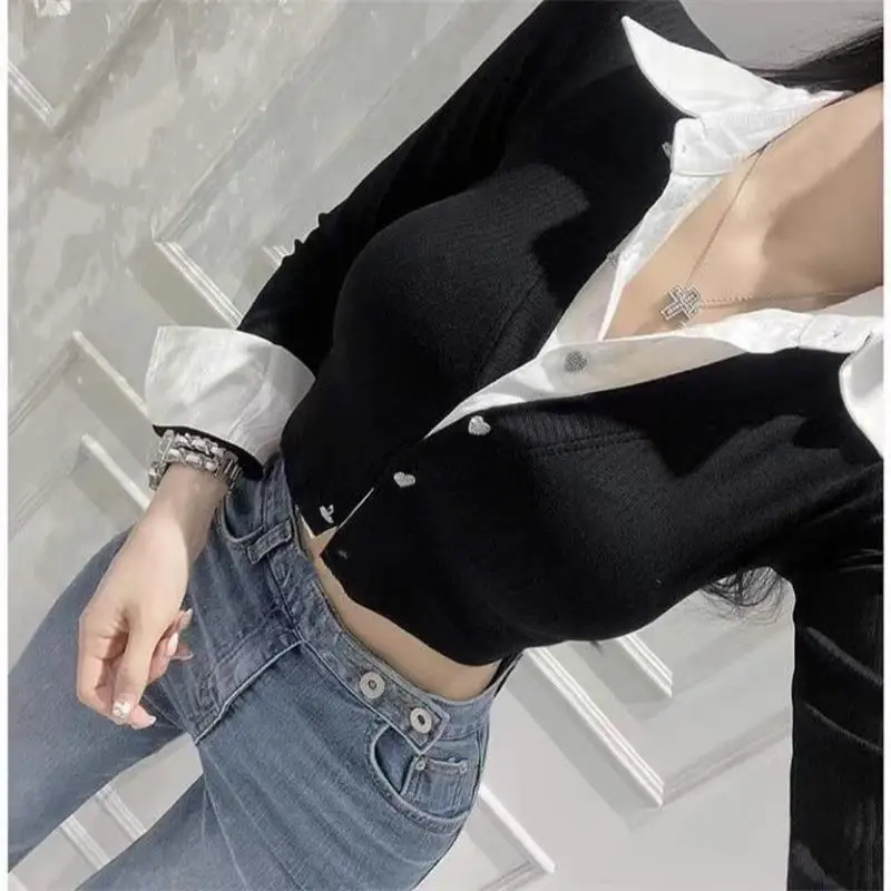 Autumn Blouses For Woman Shirt Lady Street Fashion Y2K Splicing Fake Two Pieces Crop Top Slim Fit  Long Sleeve Cardigan Tops