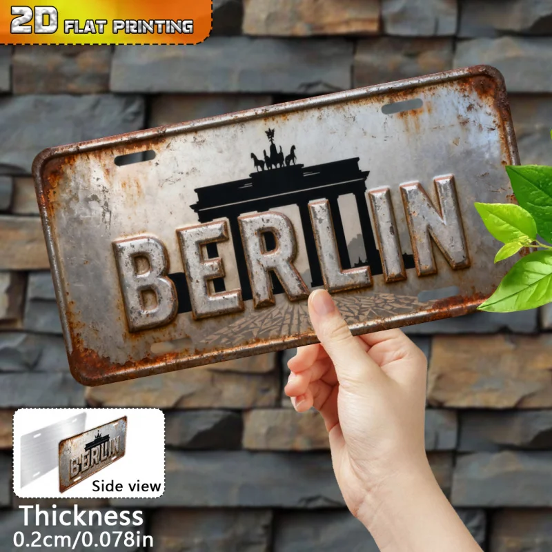 مسطح ثنائي الأبعاد، قطعة واحدة من بوابة برلين براندنبورغ العتيقة، لافتة معدنية من الألومنيوم الريفي مع فن التاريخ الألماني، متين في الهواء الطلق