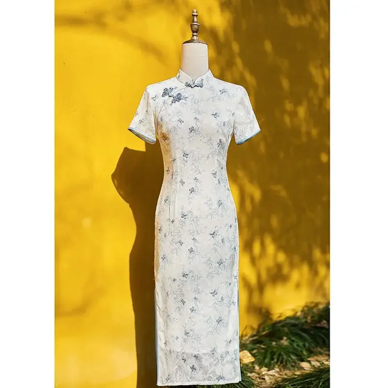 Printed dress female 2024 new summer and autumn new Chinese style annual temperament high-end white chiffon long skirt