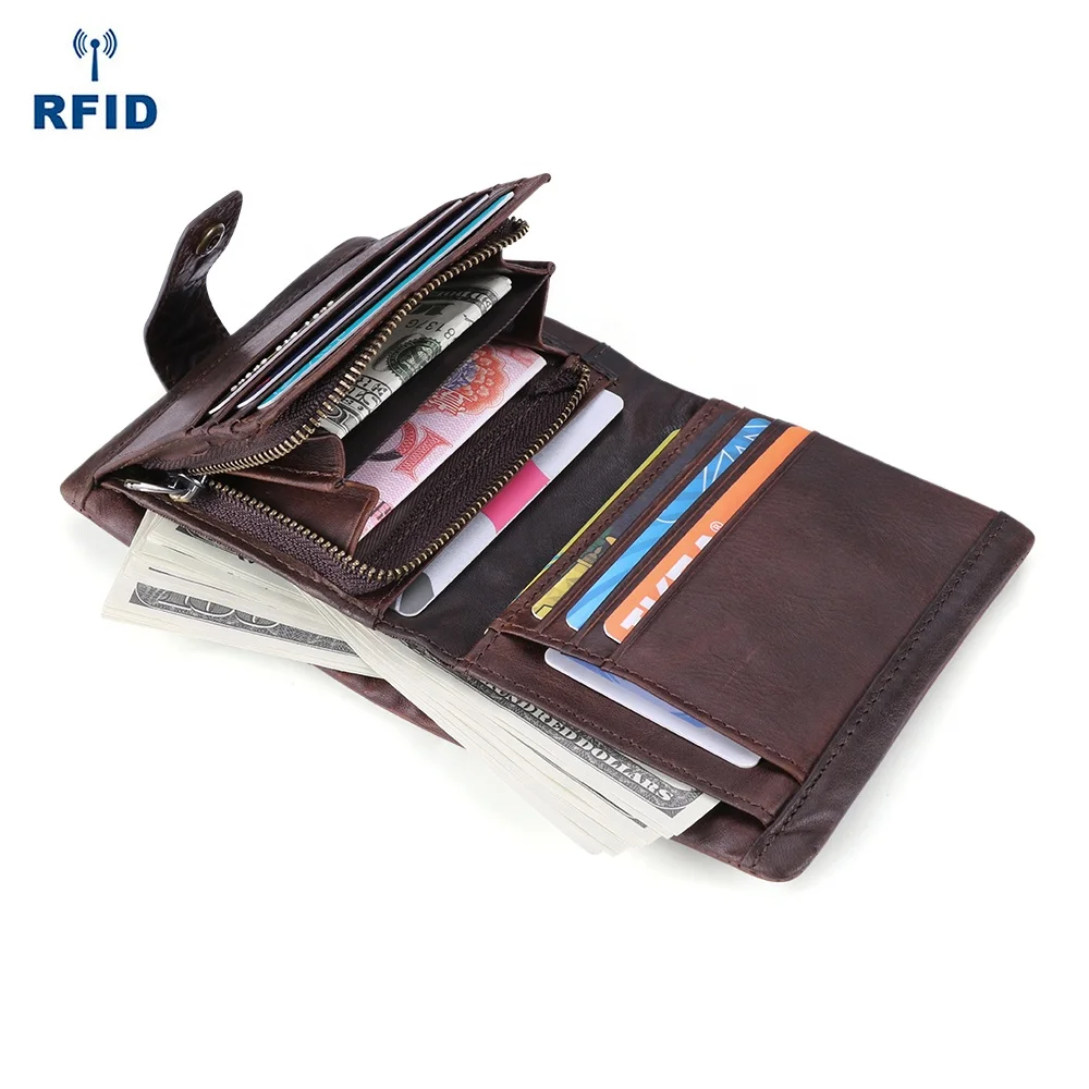 

Hot New Fashion Custom Crazy Horse Leather Purse Rfid 3 Fold Genuine Cow Leather Wallet For Men With Coin Pocket