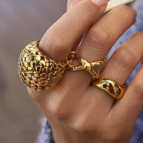 Uworld Unique Designer 18K Gold Color Plated Mesh Hollow Spherical Exaggerated Rings Waterproof Stainless Steel Women Jewelry