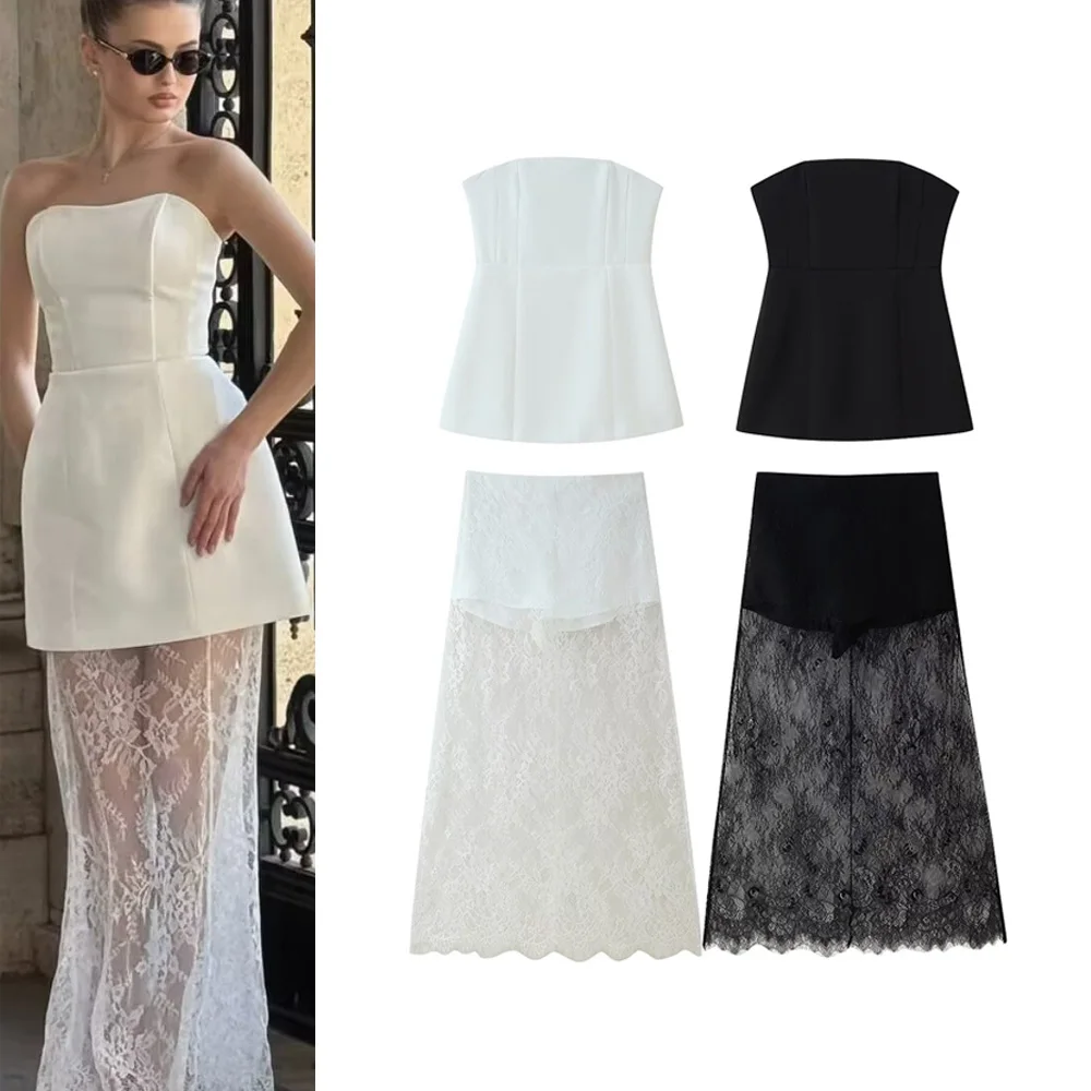 

2025 Woman Skirt Set Fashion Waist Cinched Strapless Top Lace Half Skirt Two-piece Sets Casual Slim High Waisted Skirts Suits