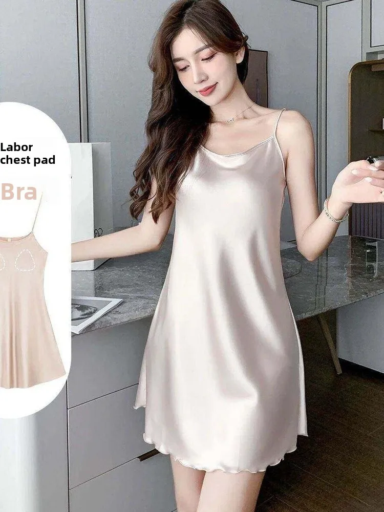 Ice Silk Strap Sleep Dress Women's Summer Large Size Loose Thin Home Clothes Outerwear A-Line Midi Dress City Walk