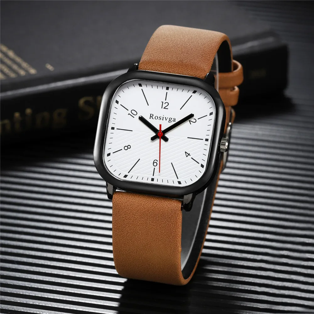 fashion square dial men leather quartz business watch