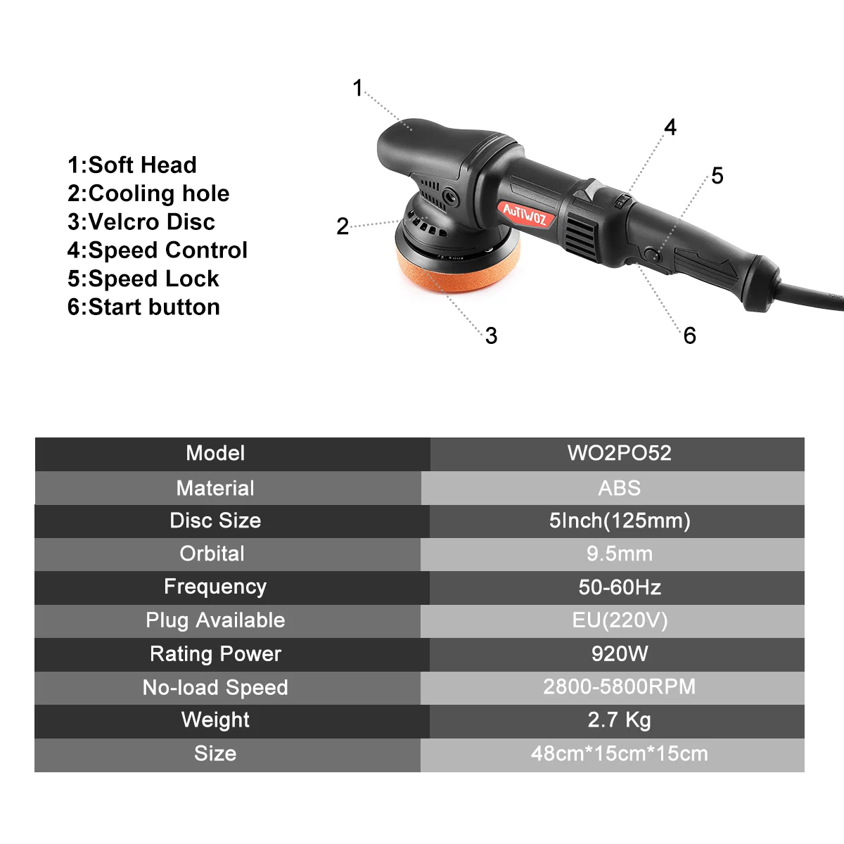 AUTIWOZ Car Polishing Machine Dual Action Car Polisher DA 920W High Power Random 9mm Random Orbital Machine Auto Waxing Tool