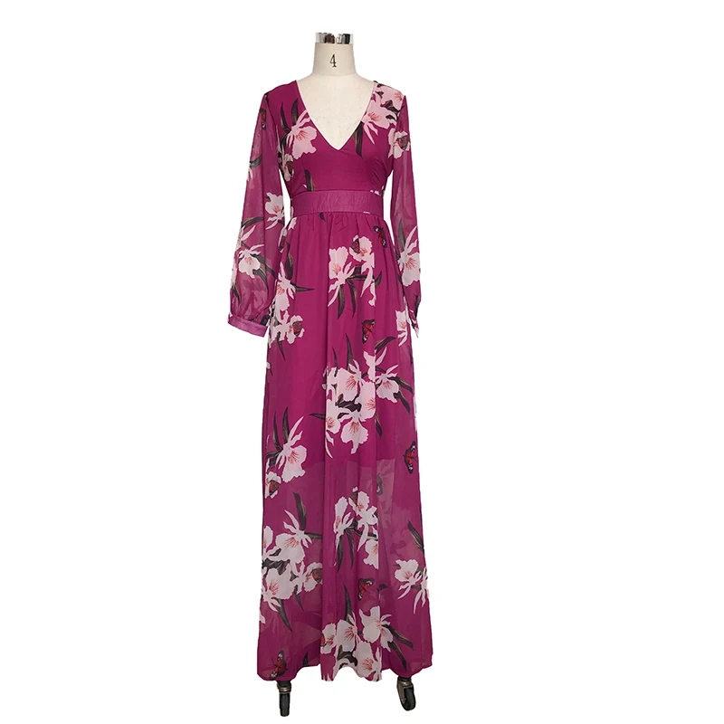 Vestido largo de gasa con estampado Floral para mujer, prenda elegante de manga larga, talla grande, informal, Sexy, con cuello en V profundo, para fiesta