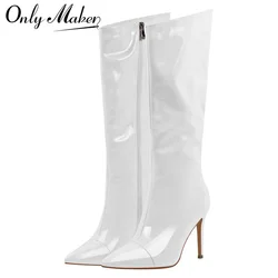 Onlymaker Woman White Patent Leather Stiletto Knee High Boots Fashion Party Dress Thin Heels Side Zip Warm Winter Boots