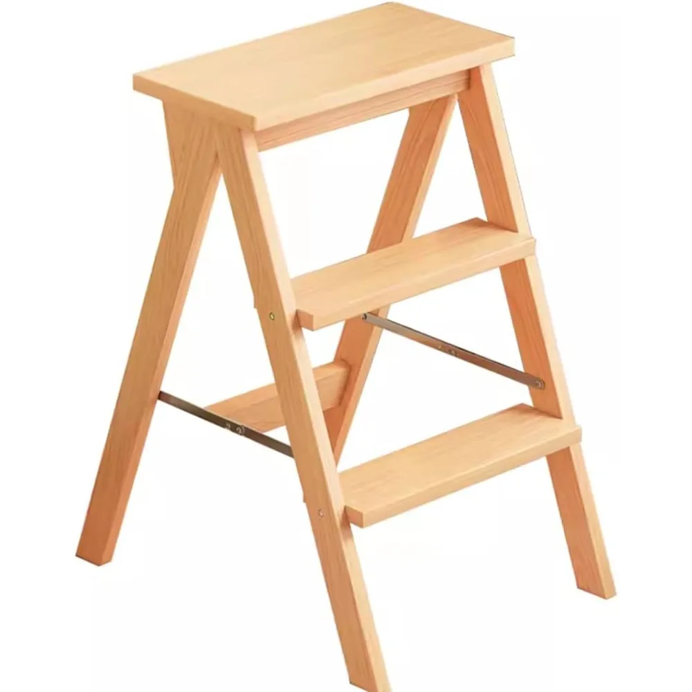 

Foldable Ladder Household Step Stool Wooden Three-Step Ladder High Bench, Kitchen Stool Load-Bearing 100kg