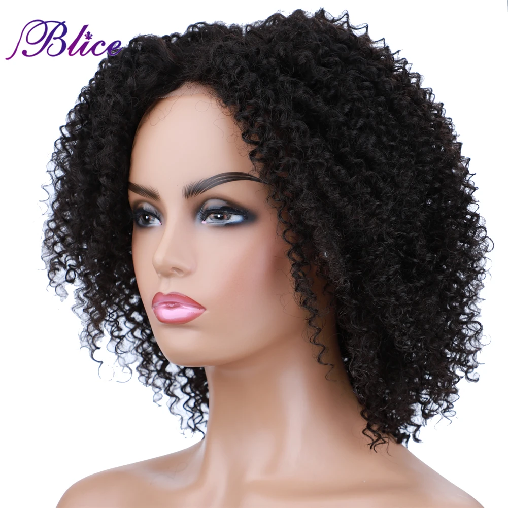Blice Afro Kinky Curly Middle Part Closure Wig Natural Mixed Synthetic Hair Wigs 16 Inch Black Color For Women