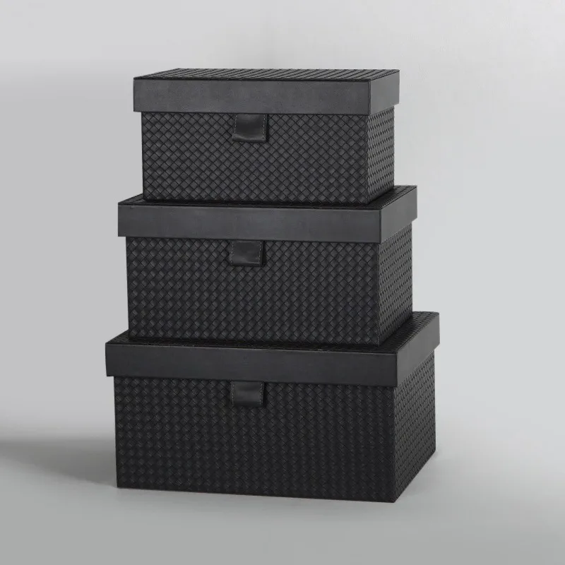 Soft Leather Clothing Storage Boxes Woven Pattern Dust-proof Solid Color Storage Bins Modern Simple Luxury Home Organization