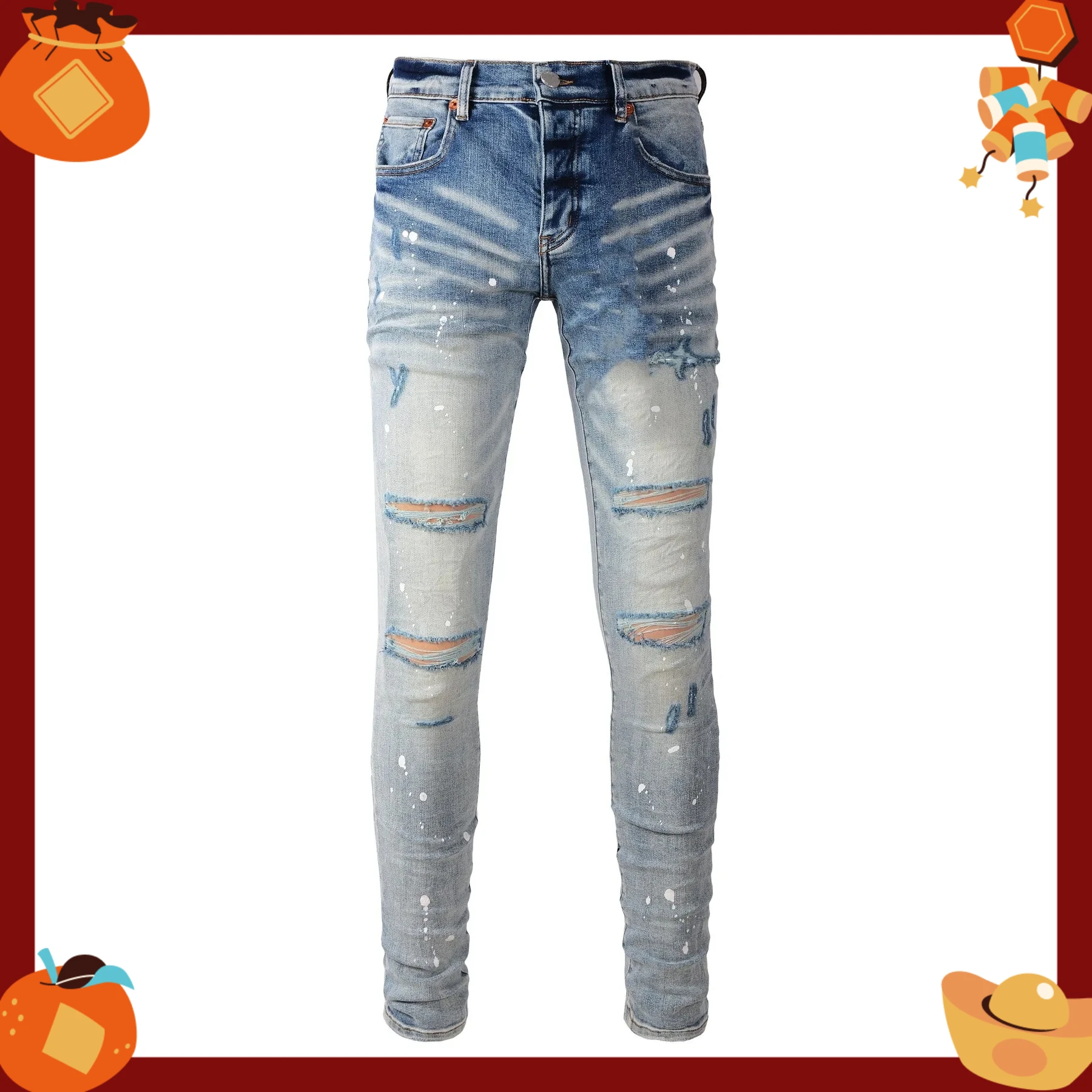Men's American High Street Distressed Washed Light Blue Skinny Destroyed Holes Spray Paint Ripped Button Fly Jeans Pants