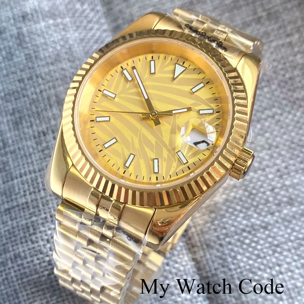 

36 39mm Golden Palm Leaf Date-just NH35A Mechanical Watch for Men Fluted Fixed Bezel Sapphire Cyclop Luxury Sport Clock DJ Hand