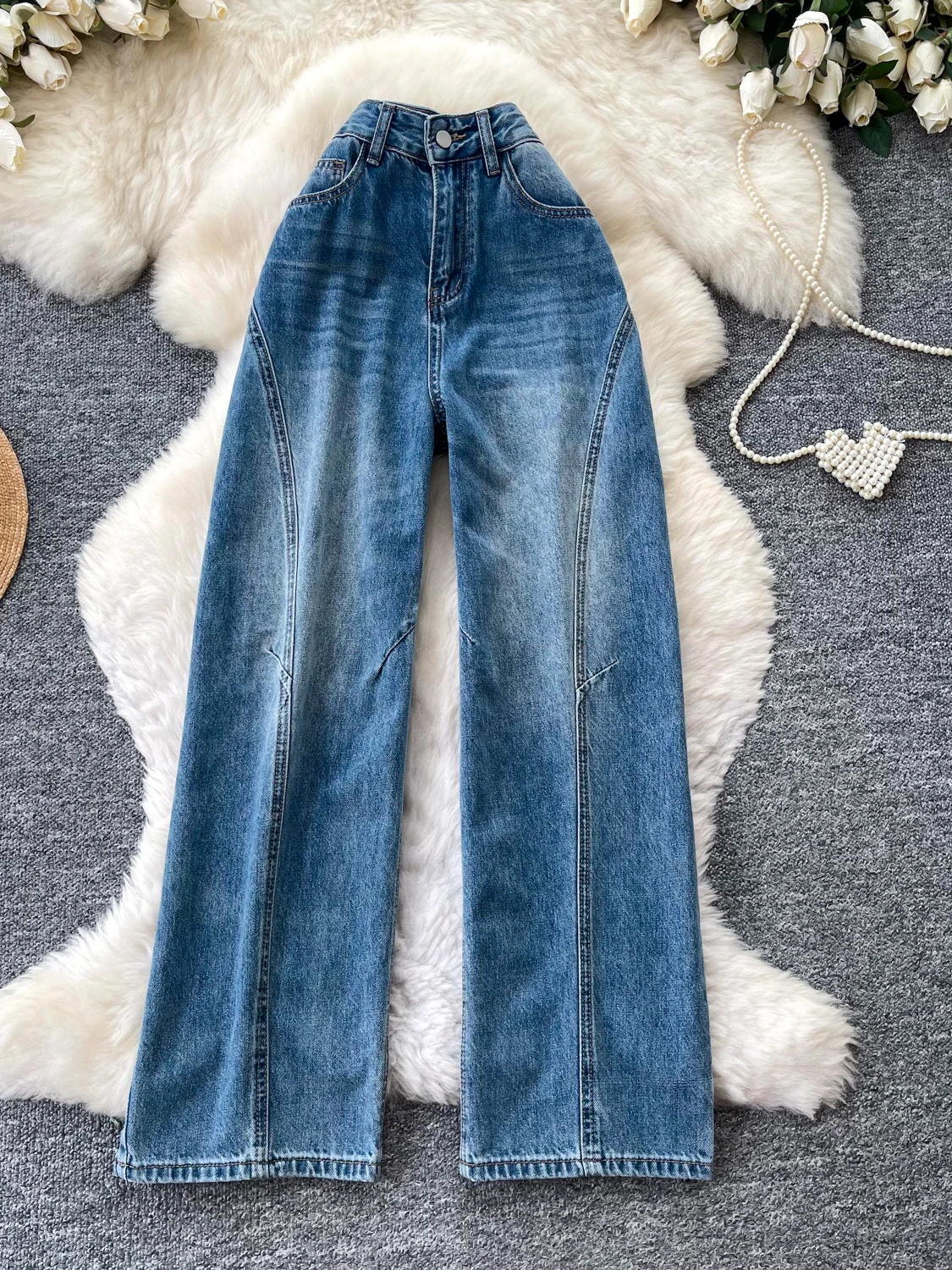 

American Retro High Waist Casual Denim Wide Leg Pants Women's Loose Slimming Hip Covering Versatile Spring Long Pants
