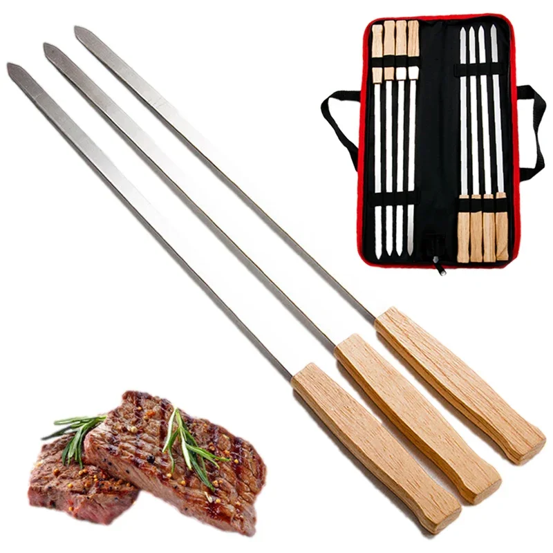 Outdoor BBQ Kits 8PC Sets Stainless Steel Skewer Oak Nylon Storage Bag Handbag BBQ Kebab Stick Barbecue Tool Barbecue Sticks