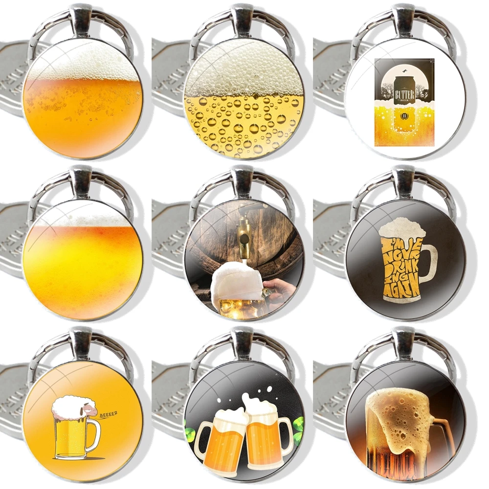 World Beers Alcohol Summer Bubble 25mm Glass Cabohcon Keychain Key Rings for Women Men Jewelry Gift