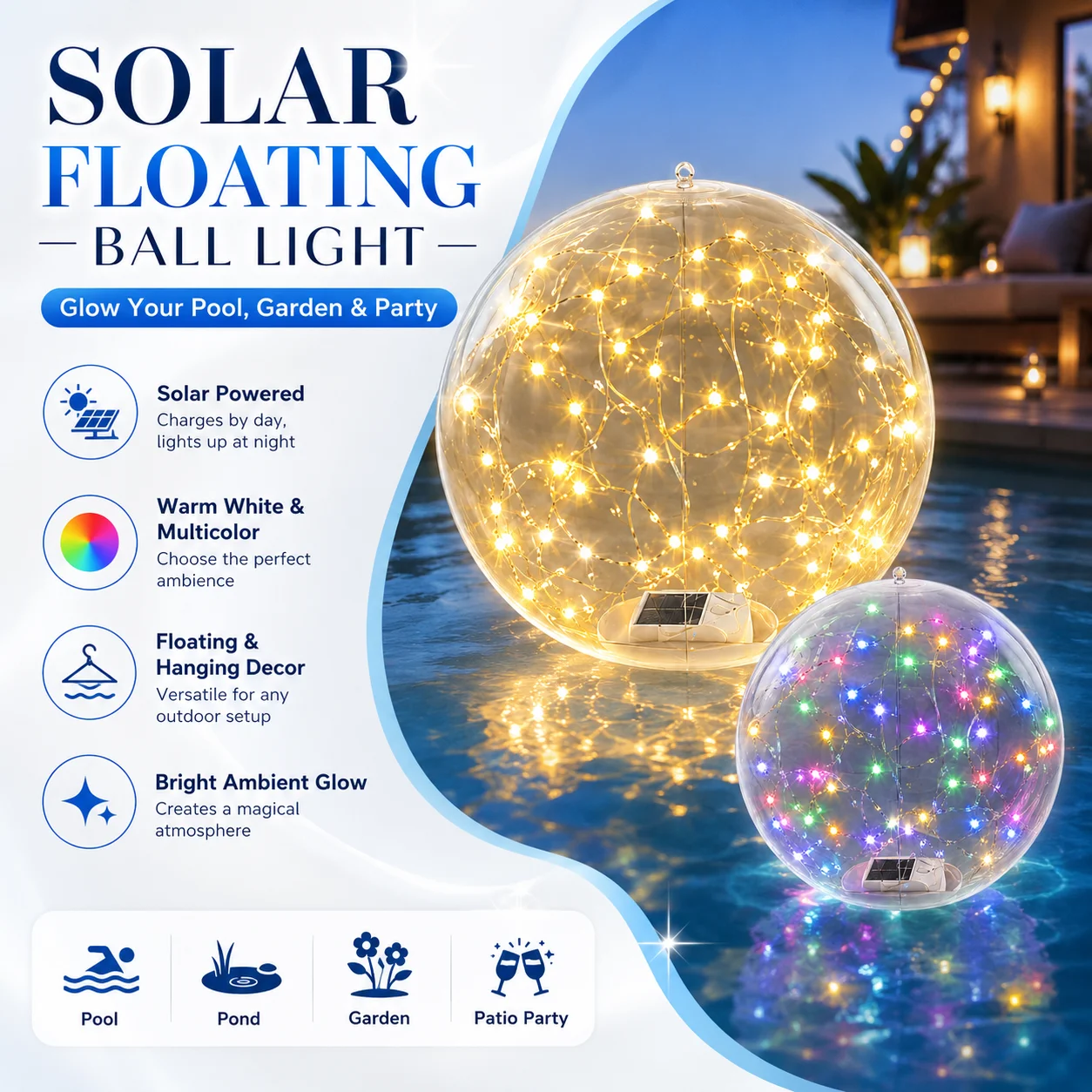 Solar Floating Ball Light 34cm LED Glow Sphere Lamp Warm White Multicolor for Swimming Pool Garden Pond Patio Party Decor
