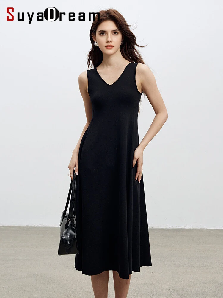 

SuyaDream, Women Winter Dresses, V And U Neck, Sleeveless Slim Mid Dress, 2025 Fall Elegant Sweater, Black