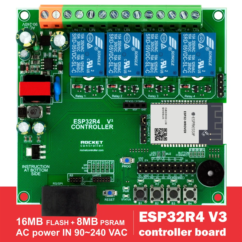 ESP32 - 4 Relay controller board for Wi-Fi Bluetooth TASMOTA Smart Home system, Home Assistant. ESP32R4.