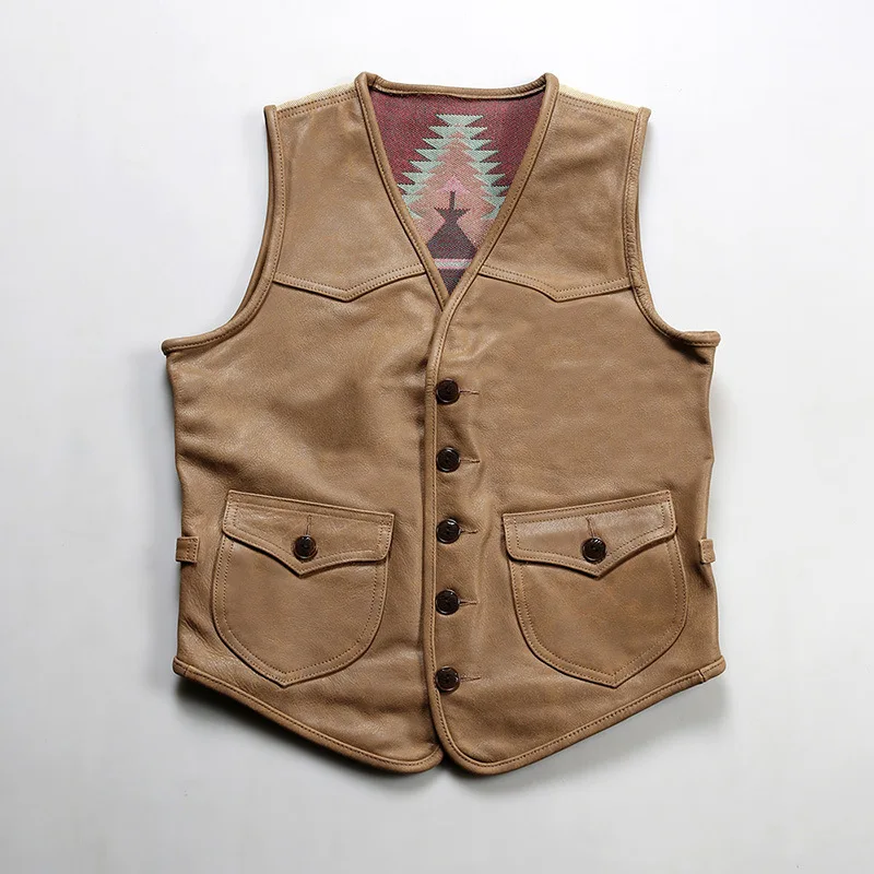 

Мужские и женские жилеты из натуральной кожи с нашивками из телячьей кожи и холщовых вставок, приталенного кроя, с V-образным вырезом, разноцветные, без рукавов.