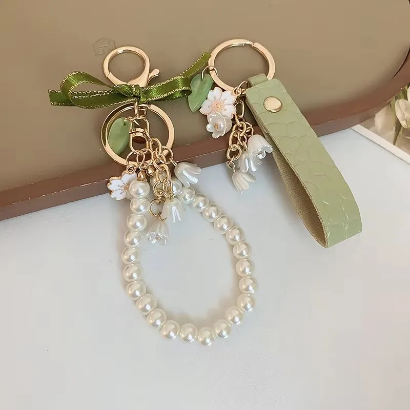 2pcs Lily of The Valley Flower Leather Keychain for Women Korea Fashion Sweet Key Chains Green FairyCore Accessories