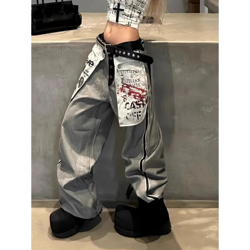 American Retro Design Sense Old-fashioned Large Pocket Printed Jeans for Women Casual Loose Wide-leg Trousers