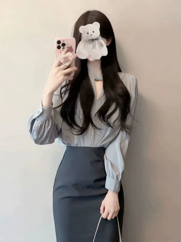 

Spring 2025 New Ladylike Professional Shirt And Skirt Set Women's Fashion Age-Defying Half Body Skirt Wrap around Two-Piece Set