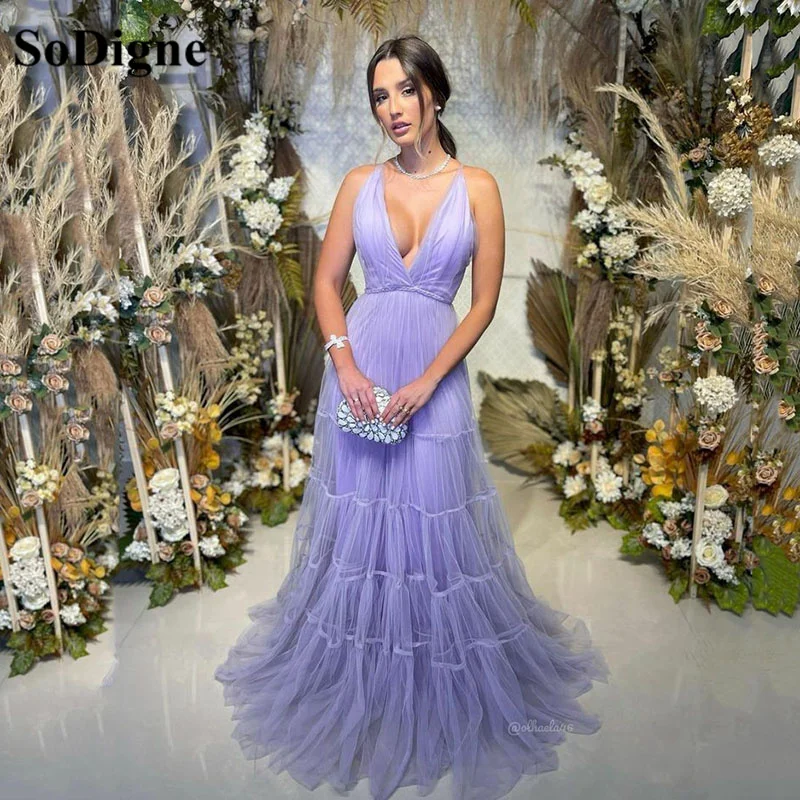 

SoDigne Lavender Purple Tulle Long Prom Dresses V-Neck Pleats Evening Gowns 2022 Backless Women Saudi Arabia Wedding Party Dress