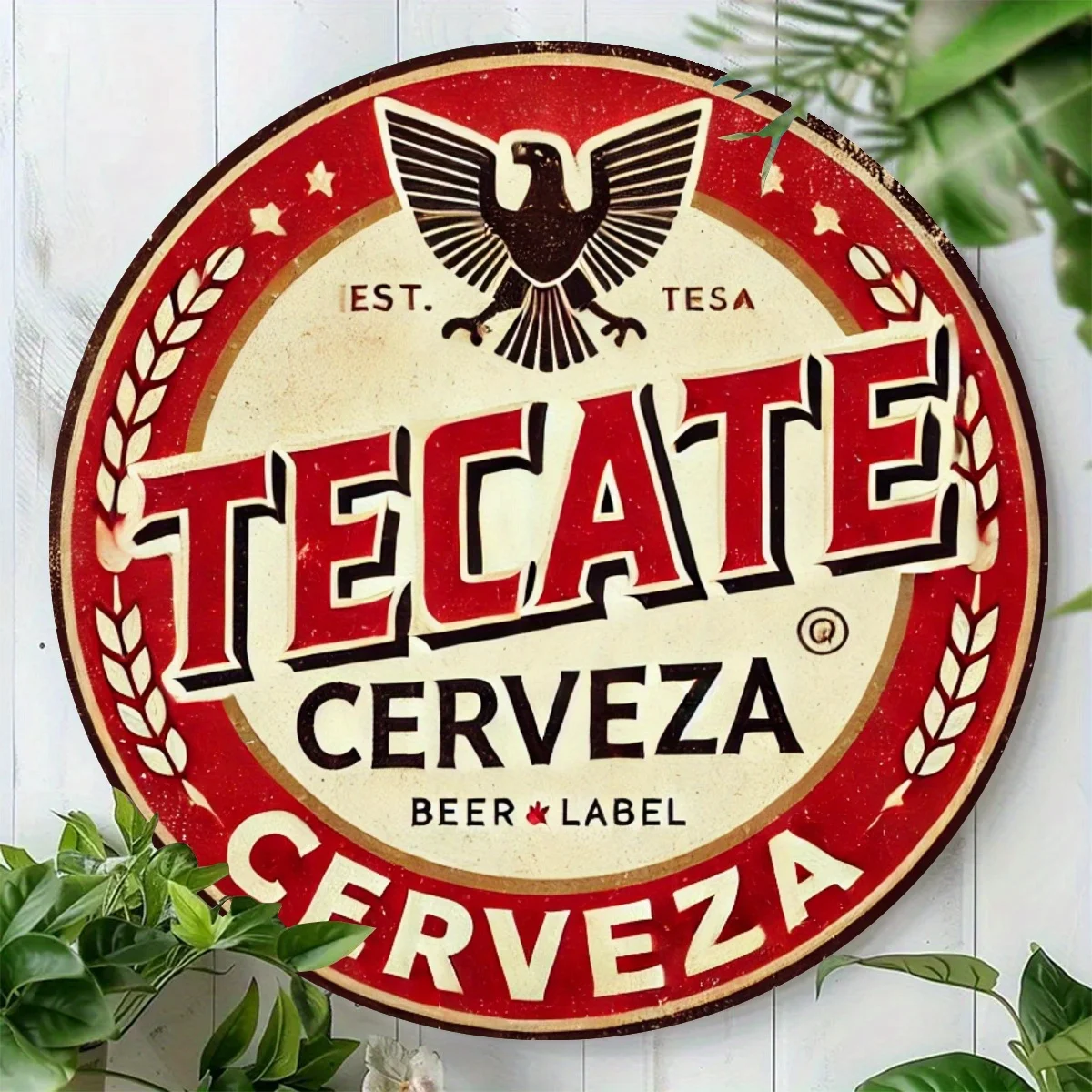 1 unidad de letrero de aluminio con logotipo de cerveza TECATE, medición de 7,8x7,8 pulgadas, con un diseño fino rojo y blanco con un patrón de águila, P