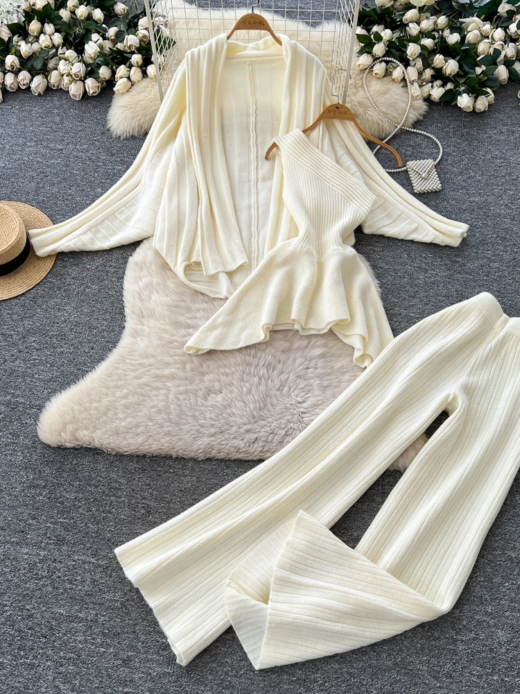 

Свободный вязаный кардиган, брюки с высокой талией и жилет, комплект из футболки, повседневная верхняя одежда с наклоном и наклонной талией