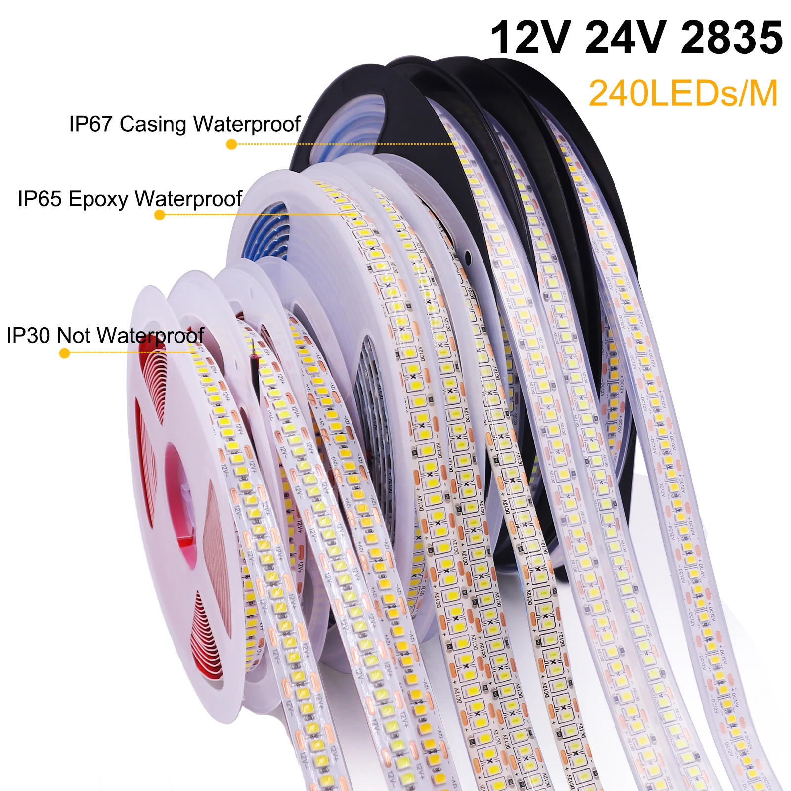 12V 24V 2835 Led Strip 5m 1200LEDs Warm Natural White Fiexible Tape Light Bar Under Cabinet Lighting TV Backlight IP30/IP65/IP67