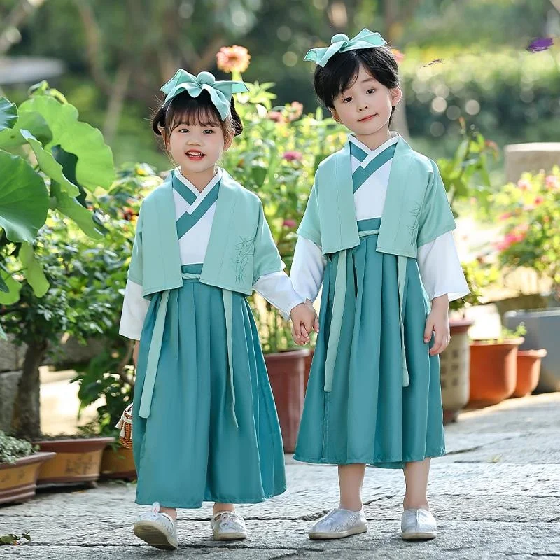 Dziecięce tradycyjne chińskie stroje, narodowe stroje edukacyjne, klasyczne Hanfu z motywem znaków, na ceremonię otwarcia szkoły, recital.