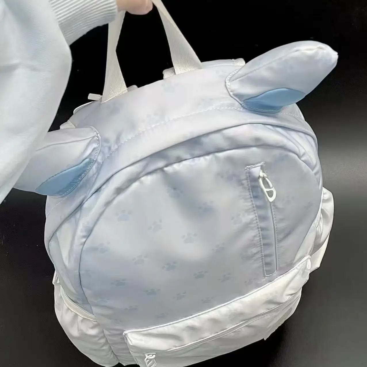 Y2K Light Blue Cat Ear Backpack Fashionable and Cute Cat Paw Print Pattern Backpack Girls' Daily Versatile School Travel Bag