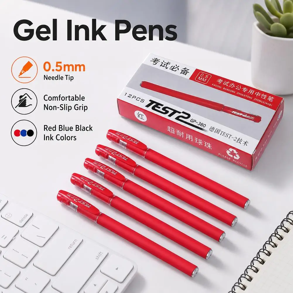 12pcs Quick-Drying Gel Pens, 0.5mm Fine Tip, Black/Blue/Red Ink - Ideal Choice for Office and School clea For School Office