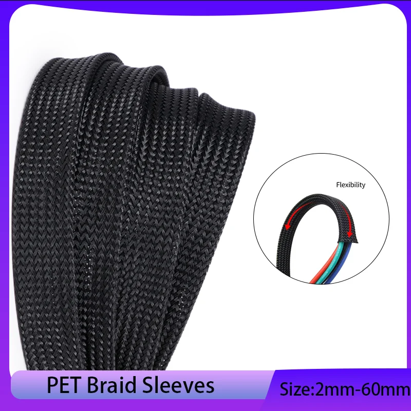 

5~50m Black PET Braid Sleeve High Density Insulated Snake Skin Cable Wrap Sheath 2/4/6/8/10/12/14/16/20/25/30/35/40/50/60mm