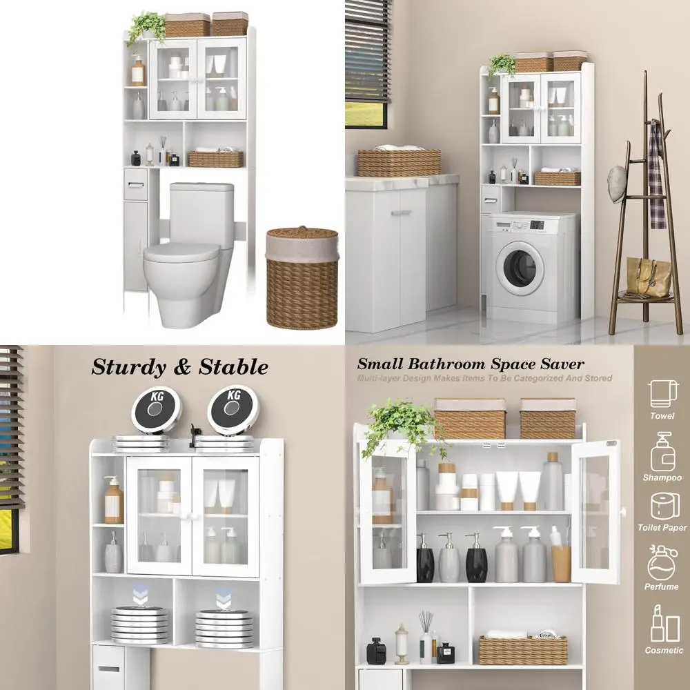 

Space-Saving White Toilet Storage Cabinet with Transparent Doors, Above Toilet Organizer for Bathroom and Laundry