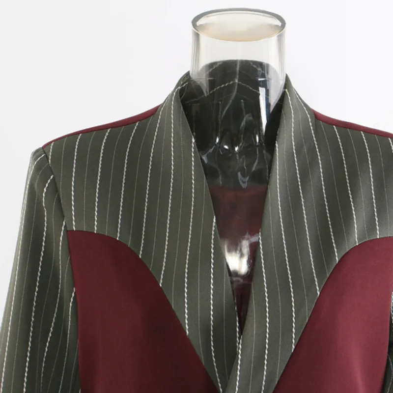 HKSH Autumn New Women Trendy Trench Coat Contrast Color Spliced Stripe Single Button V-neck High Street Long Windbreaker HK10654