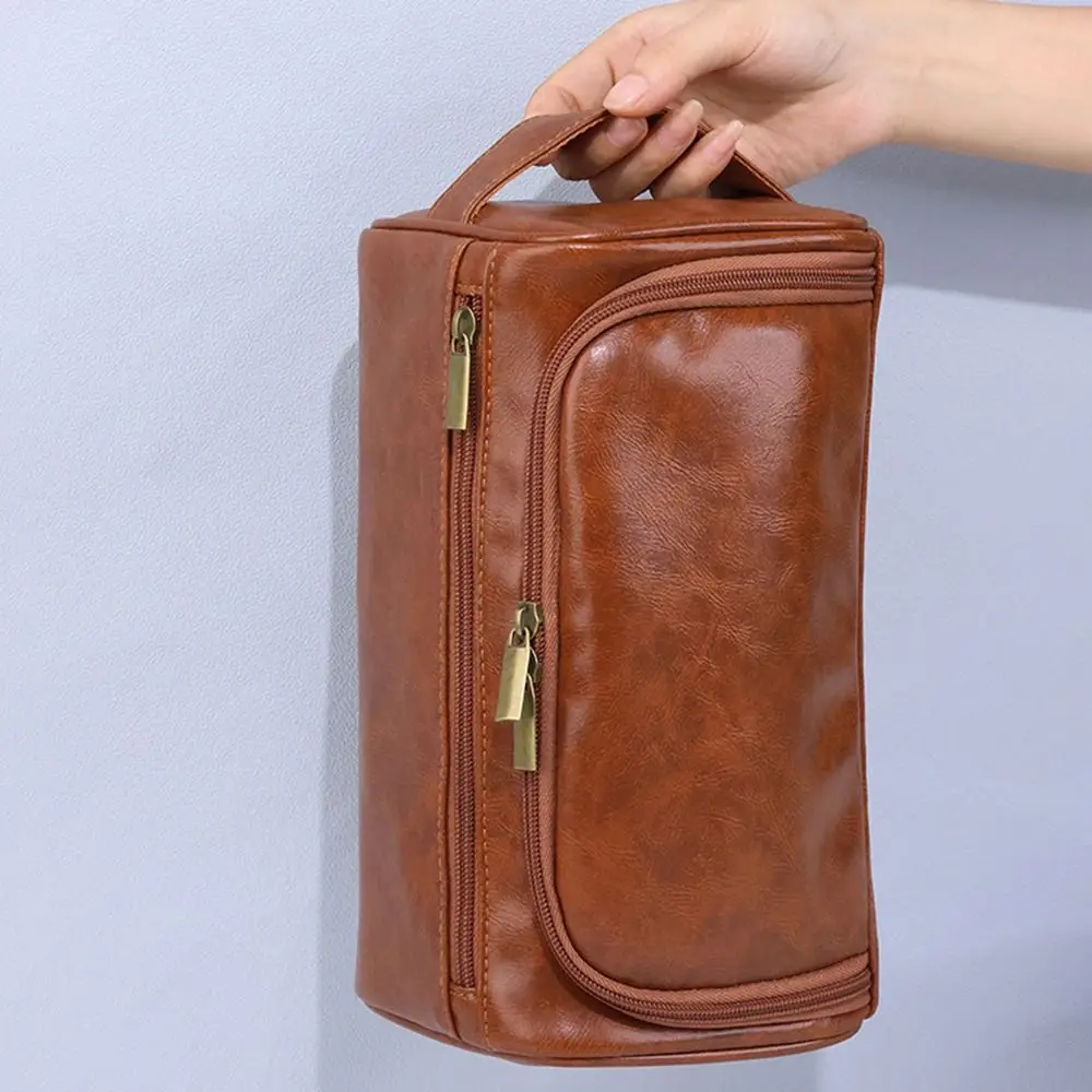 Multifunctional PU Leather Men Toiletry Bag Vintage Luxury Zipped Cosmetic Bag Large Capacity Waterproof Makeup Cases Business