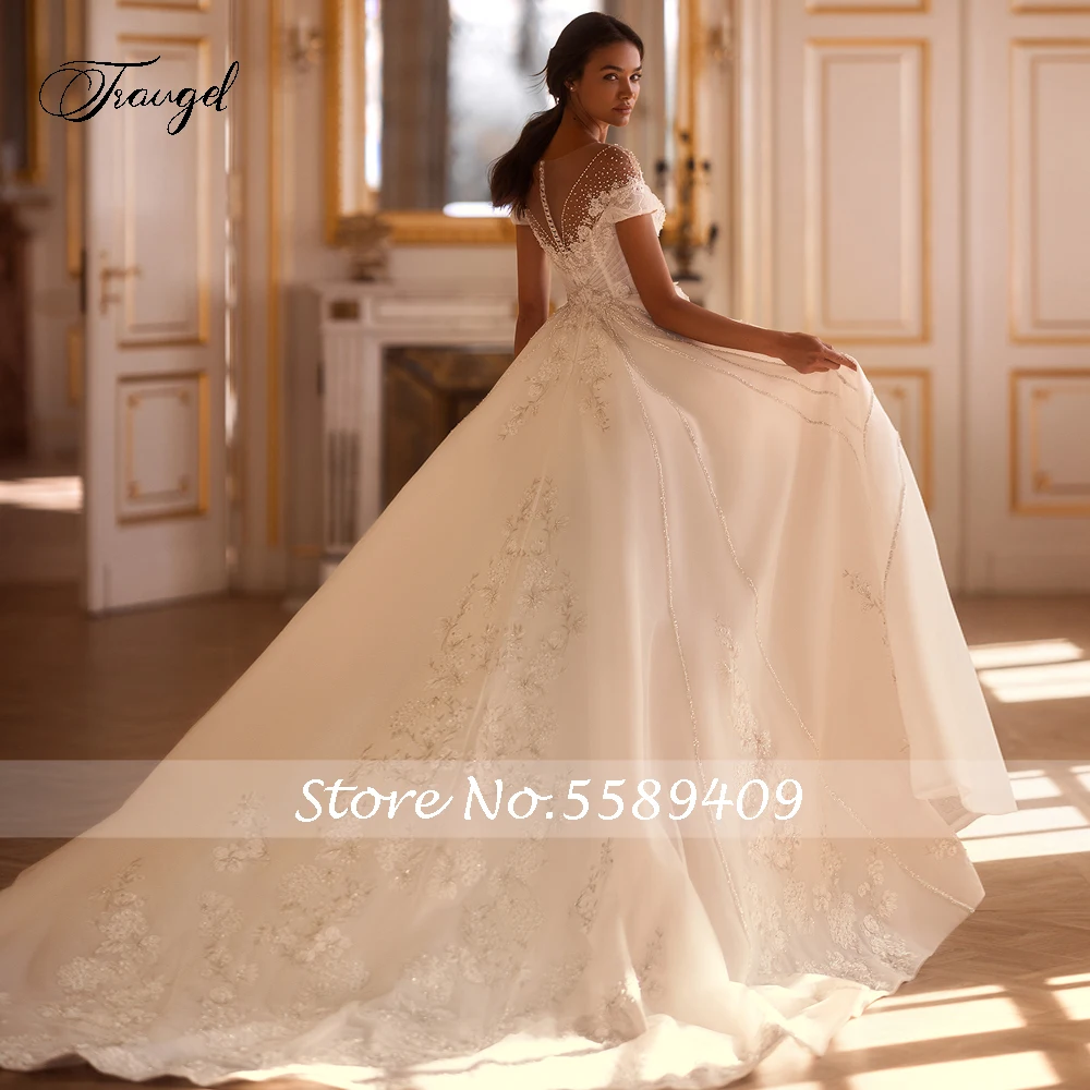 Customized Elegant Scoop Neck Short Sleeve Vintage Wedding Dresses Luxury Appliques Beaded Court Train Pleat A Line Bridal Gown