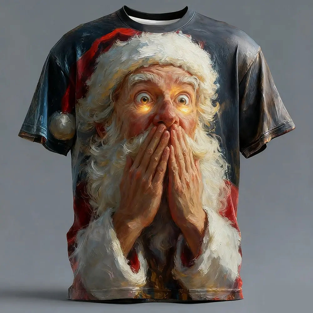 2025 Christmas Men's 3D Print T-Shirt Cartoon Santa Claus Graphic Design Casual Round Neck Tee Shirt Summer Autumn Trendy Tops