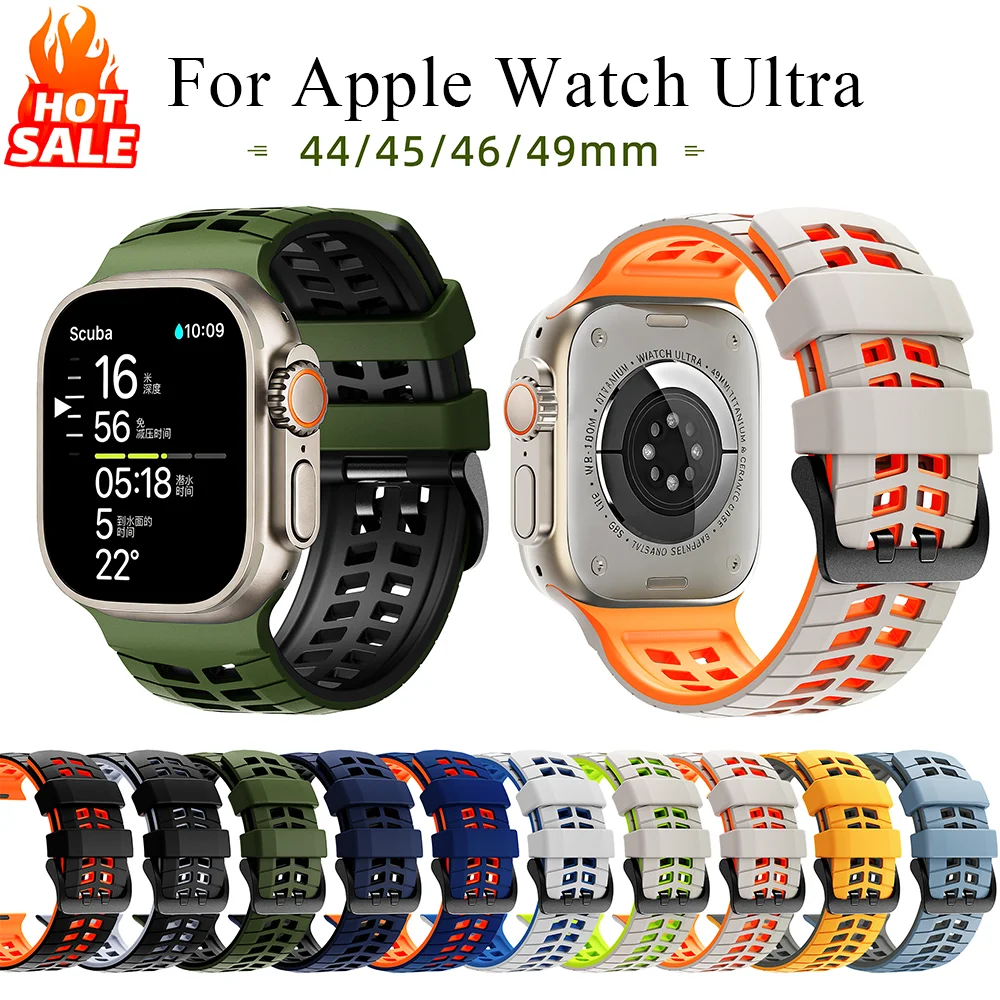 Strap for Apple Watch Ultra 2 3 49mm Series 11/10/9/8/7/SE 45/44mm Sport Silicone Band with Decompression Holes iWatch Wristband